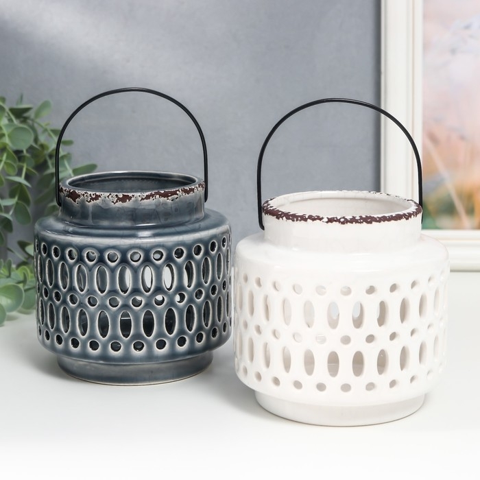 Подсвечник керамика на 1 свечу "Фонарь. Овалы и круги" МИКС 11х11,5х11,5 см