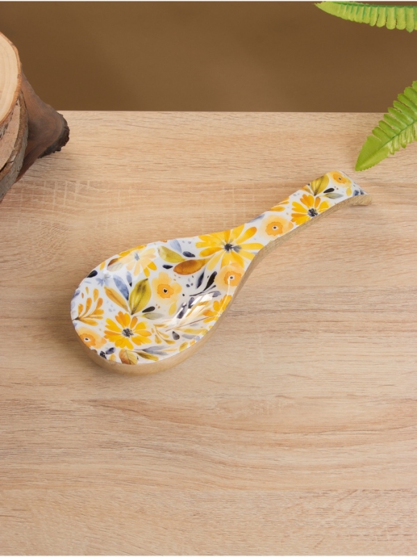 Подставка под ложку &laquo;Желтые и синие цветы&raquo;, 25.5&times;9&times;3.8 см, дерево манго