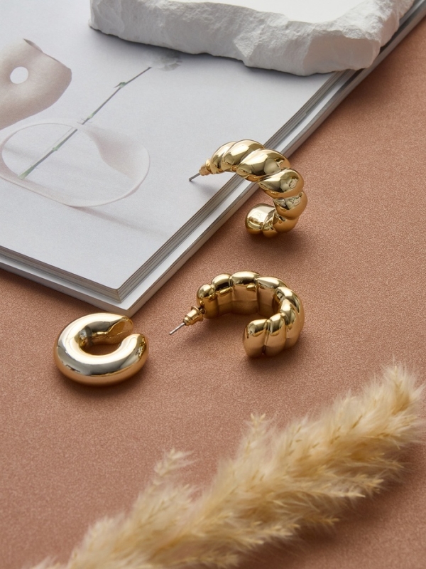 Набор серьги и каффы 3 шт. &laquo;Косичка&raquo; бублик, цвет золото