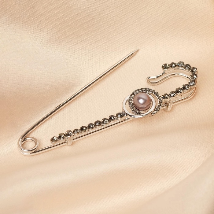 Булавка &laquo;Классика&raquo; овалы с жемчужиной, 7,5 см, цвет серый в серебре