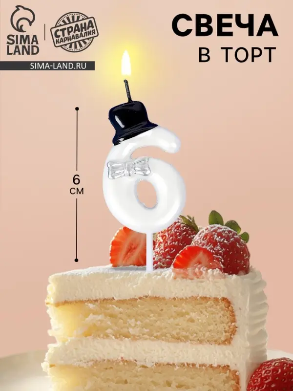 Свеча для торта &laquo;Джентельмен&raquo;, цифра 6, белая