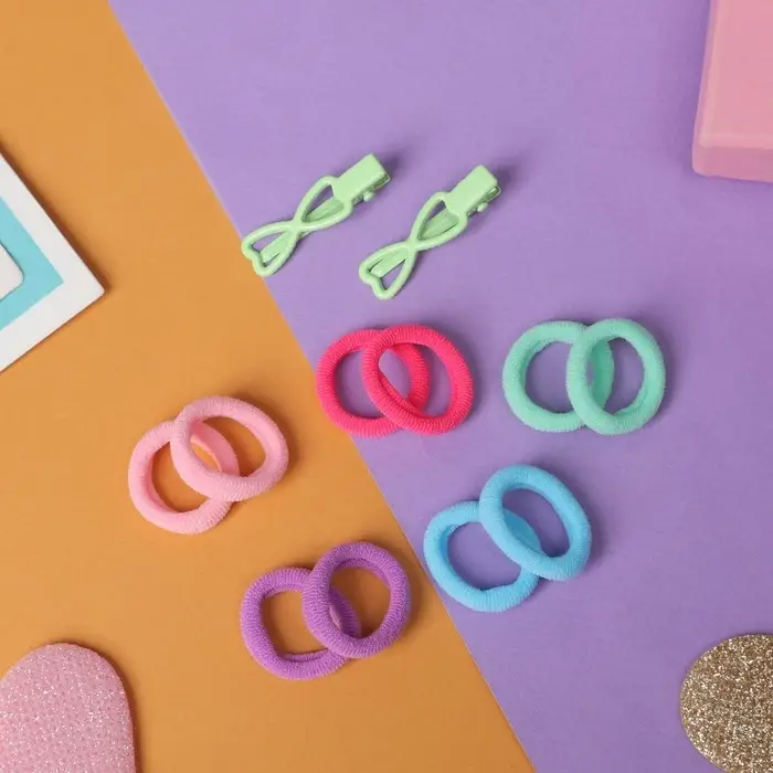 Набор для волос "Карамель" (10 резинок 1,5 см, 2 зажима 3 см) сердечки, зелёный