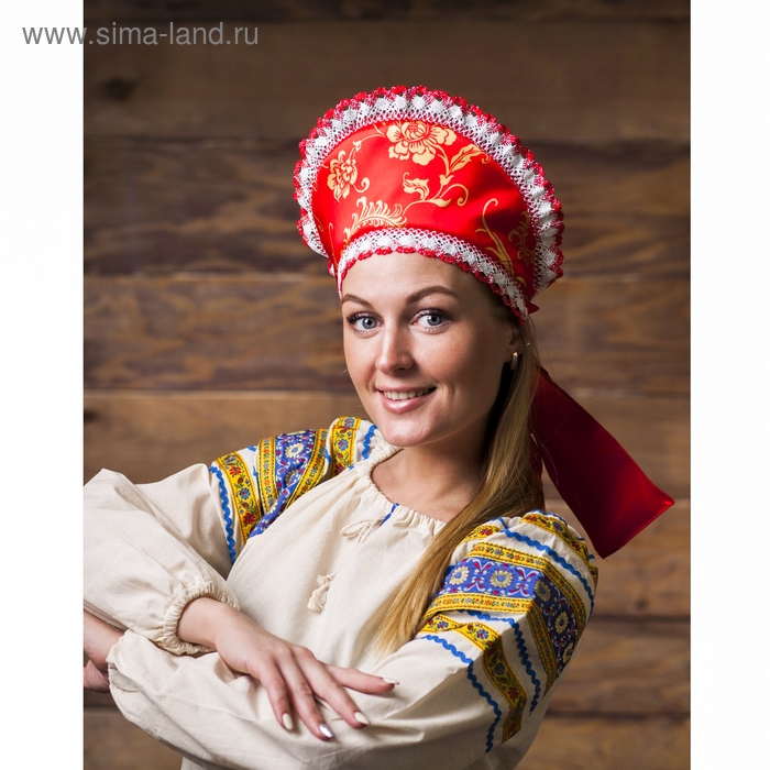 Кокошник &laquo;Красный с узором&raquo;, атлас, завязка на бант