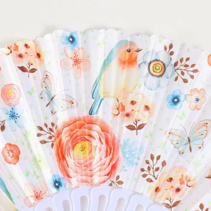 Веер пластик, текстиль "Птички и цветы" МИКС 23 см