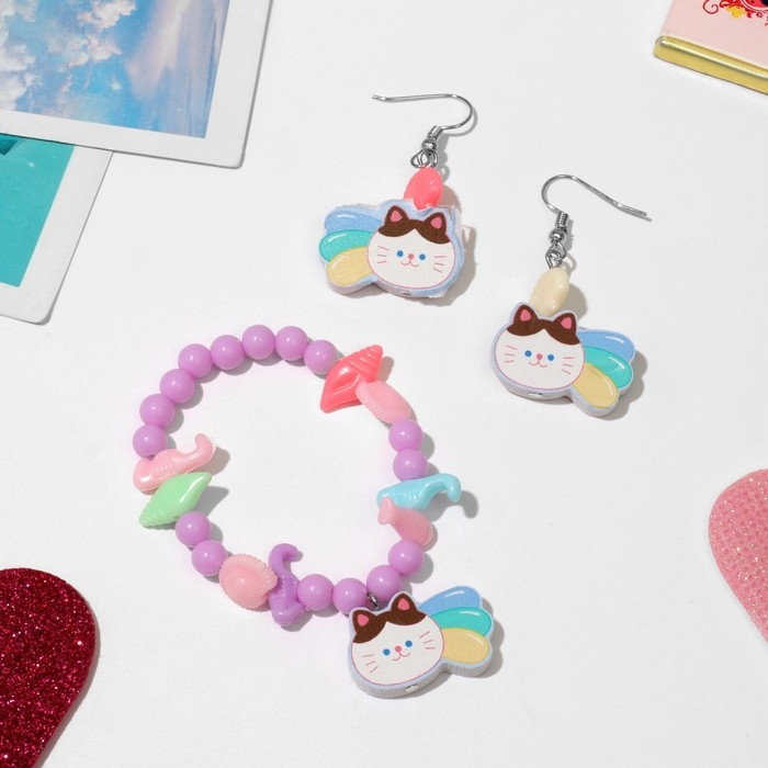 Набор детский «Выбражулька» 2 предмета: серьги, браслет, котёнок, цвет МИКС Набор детский «Выбражулька» 2 предмета: серьги, браслет, котёнок, цвет МИКС