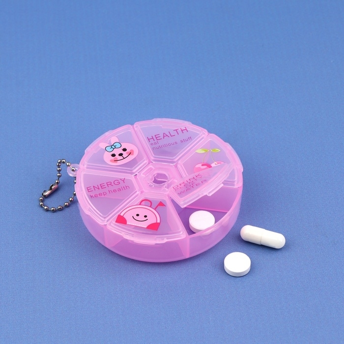 Таблетница, с цепочкой, d = 8 × 2 см, 6 секций, цвет розовый Таблетница, с цепочкой, d = 8 × 2 см, 6 секций, цвет розовый