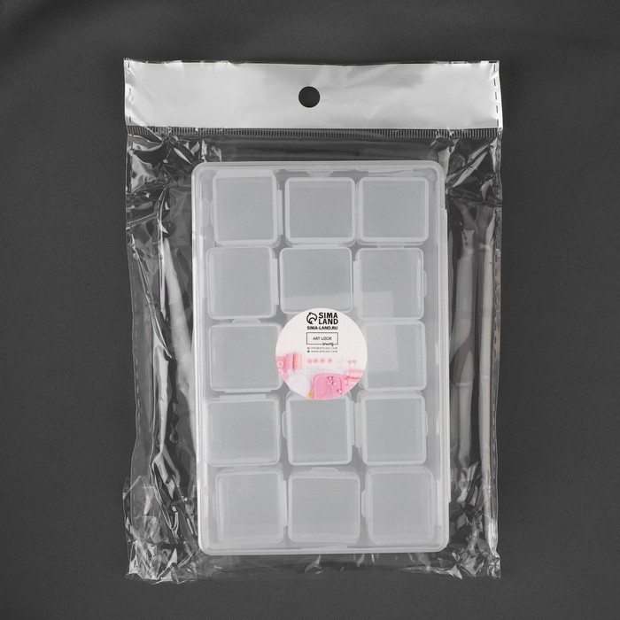 Набор контейнеров для рукоделия, 15 шт, 2,5 &times; 2,3 &times; 3,4 см, в контейнере, 13,5 &times; 8,5 &times; 3,8 см, цвет прозрачный