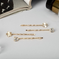 Невидимка для волос "Кварта" 5 см (набор 4 шт) цветочки страза, золото Невидимка для волос "Кварта" 5 см (набор 4 шт) цветочки страза, золото