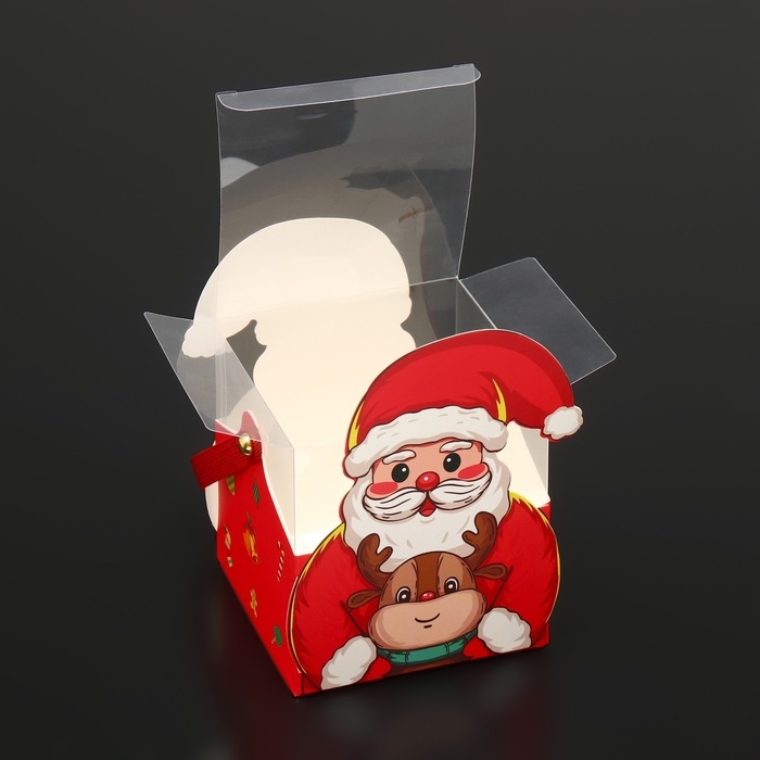 Новый год. Коробка подарочная новогодняя складная ПВХ с ручками, Новый год. Коробка подарочная новогодняя складная ПВХ с ручками, "Санта и подарки", 9 х 9 х 9,5 см.