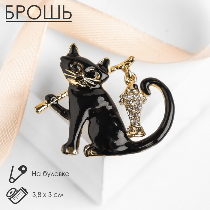Брошь &laquo;Кот&raquo; с рыбкой, цвет чёрный в золоте