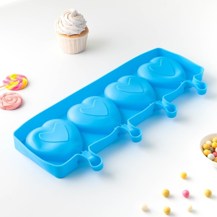 Форма для мороженого &laquo;Сердца&raquo;, силикон, 37&times;15&times;2,5 см, 4 ячейки (9,2&times;8,4 см), цвет МИКС