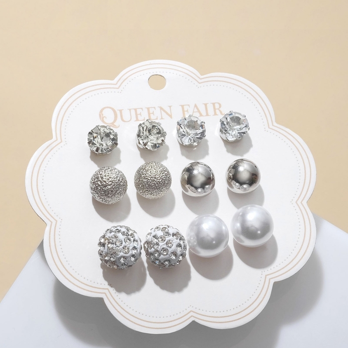 Пусеты 6 пар &laquo;Жемчужные&raquo; минимал d=8-11 мм, цвет белый в серебре