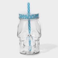 Кружка стеклянная с крышкой и трубочкой Доляна &laquo;Череп. Хэллоуин&raquo;, 400 мл, 9&times;14,5 см, цвет МИКС