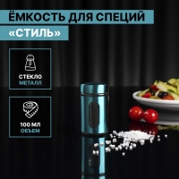 Ёмкость стеклянная для специй «Стиль», 100 мл, 4,5×8 см, цвет бирюзовый Ёмкость стеклянная для специй «Стиль», 100 мл, 4,5×8 см, цвет бирюзовый