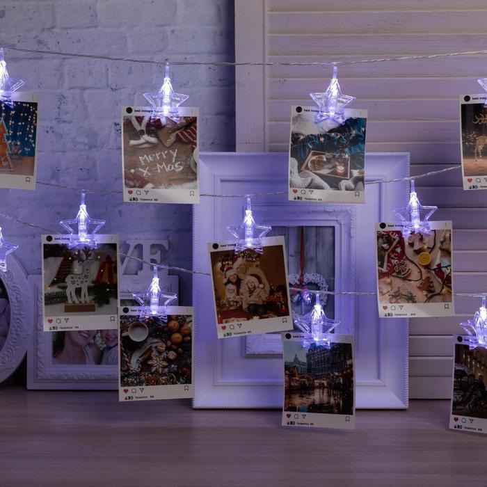 Гирлянда &laquo;Нить&raquo; 4.5 м с насадками &laquo;Прищепки-звёзды&raquo;, IP20, прозрачная нить, 20 LED, свечение белое, 220 В