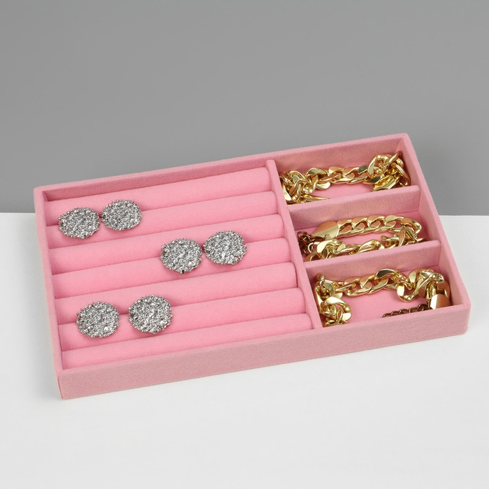 Подставка для украшения 3 ячейки и 6 полос для колец, флок, 21×12,3×2,5 см, цвет розовый Подставка для украшения 3 ячейки и 6 полос для колец, флок, 21×12,3×2,5 см, цвет розовый