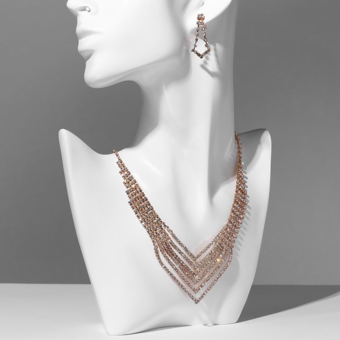 Набор 2 предмета: серьги, колье &laquo;Лёд&raquo;, 6 рядов, цвет белый в золоте, 34 см