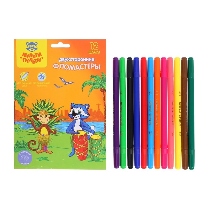 Фломастеры 12 цветов двусторонние Мульти-Пульти &laquo;Енот в Бразилии&raquo;, смываемые