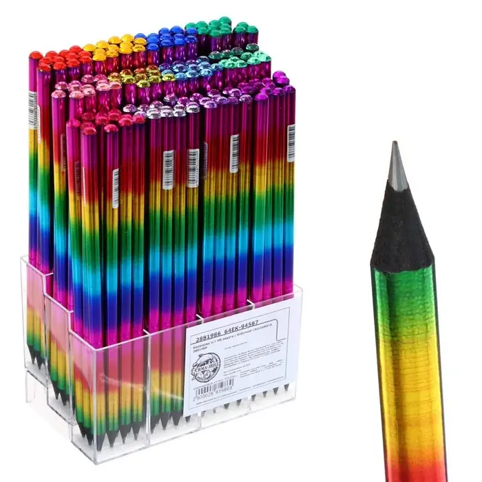 Карандаш чернографитный &laquo;Радуга&raquo; твёрдость НВ, голография, заточенный, со стразой