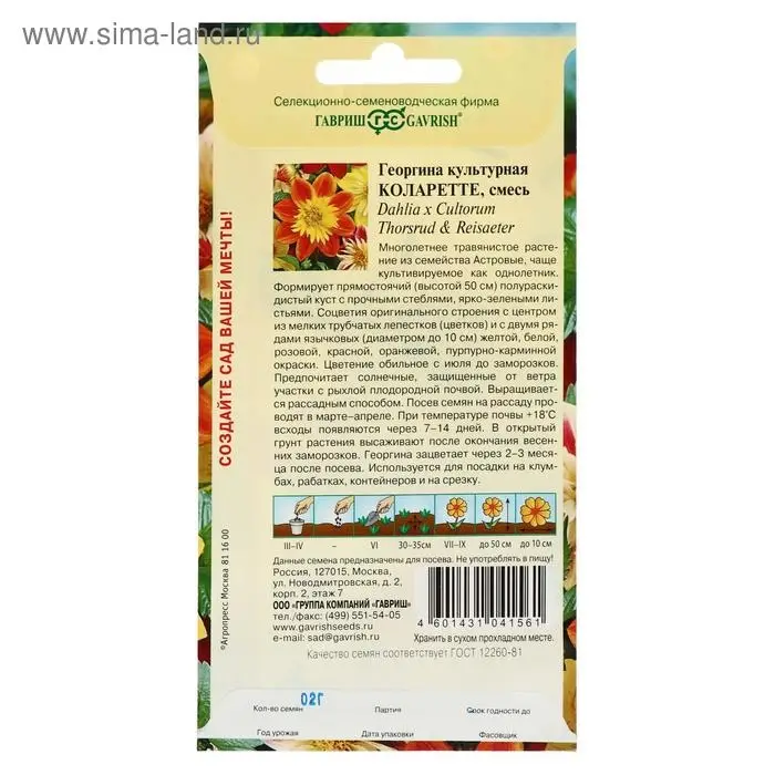 Семена цветов Георгина "Коларетте", ц/п,   0,2 г