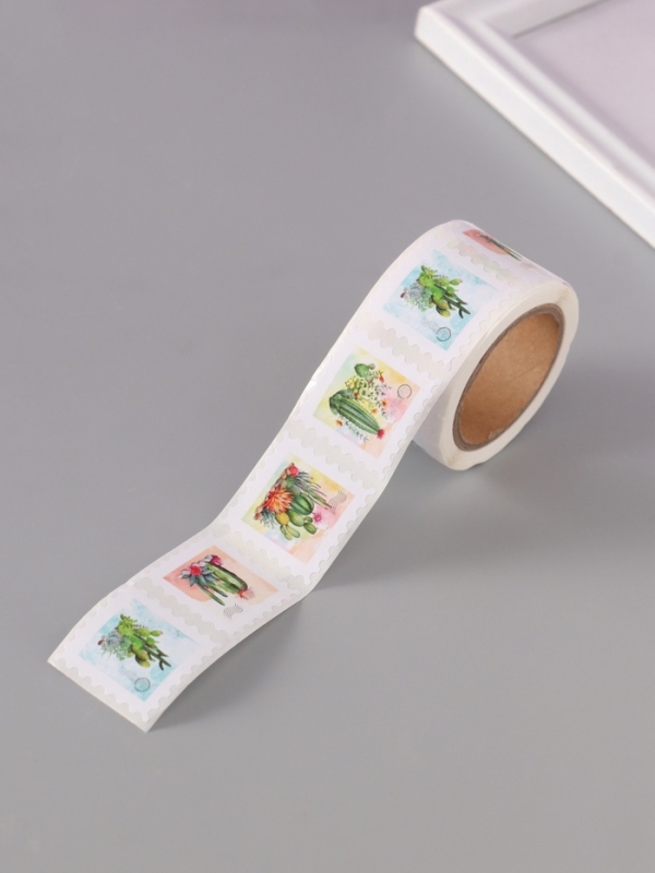 Наклейка бумага "Марки. Кактусы" 3х3 см 200 шт в рулоне