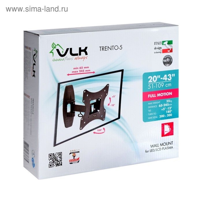 Кронштейн VLK TRENTO-5, для ТВ, наклонно-поворотный, 20-43", 58-258 мм от стены, черный