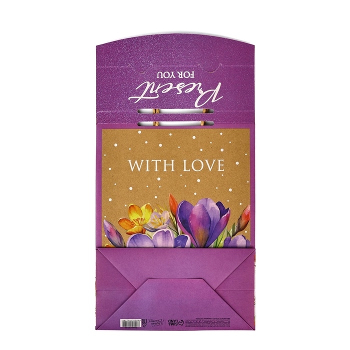 Пакет с клапаном &laquo;Подарок&raquo;, цветы, крафт, глиттер, 19,5 &times; 10 &times; 25.2 см