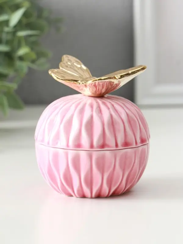 Шкатулка керамика "Золотой филин" розовая 8х8х12 см