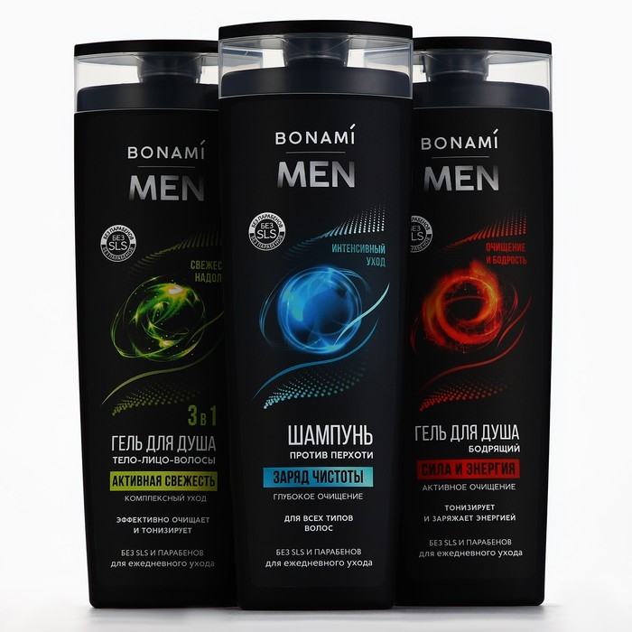 Гель для душа 3в1 For men, активная свежесть, 400 мл, BONAMI