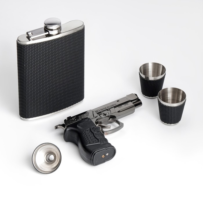 Набор 5в1: фляжка 240 мл, стопка 30 мл, воронка, 2.5 х 3.5 см, зажигалка Набор 5в1: фляжка 240 мл, стопка 30 мл, воронка, 2.5 х 3.5 см, зажигалка