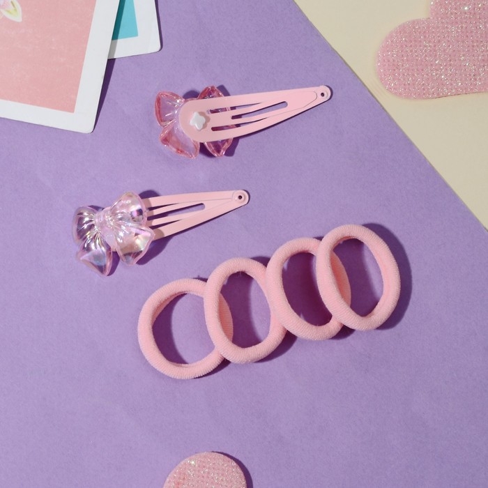 Набор для волос "Розовое чудо" (2 невидимки 5 см, 4 резинки) бантик, розовый