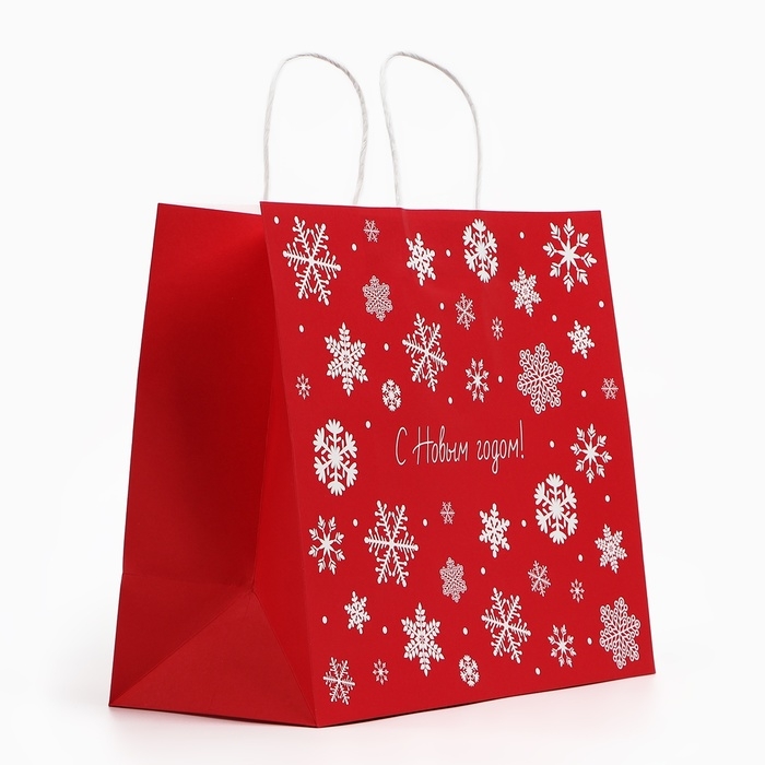 Пакет подарочный новогодний &laquo;Снежинки&raquo;, белый крафт, 32 х 28 х 15 см , Новый год