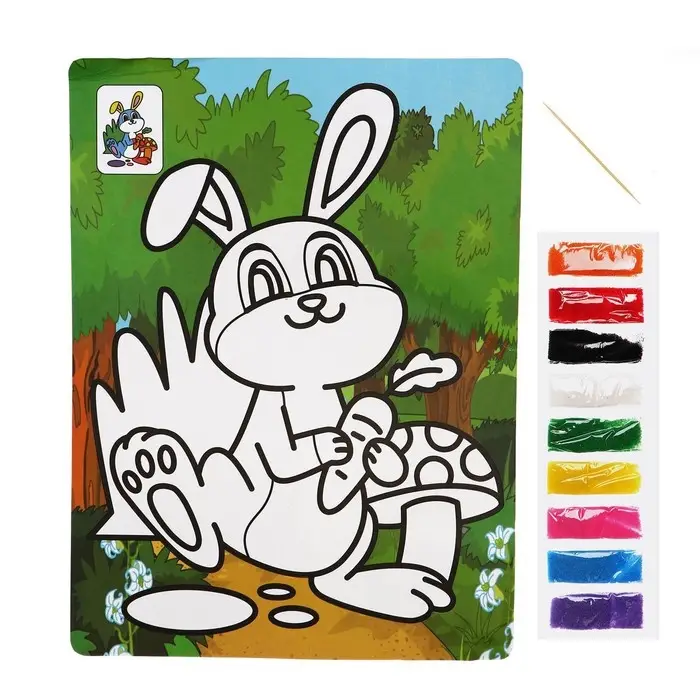 Фреска с цветным основанием &laquo;Зайчик с грибами&raquo; 9 цветов песка по 2 г