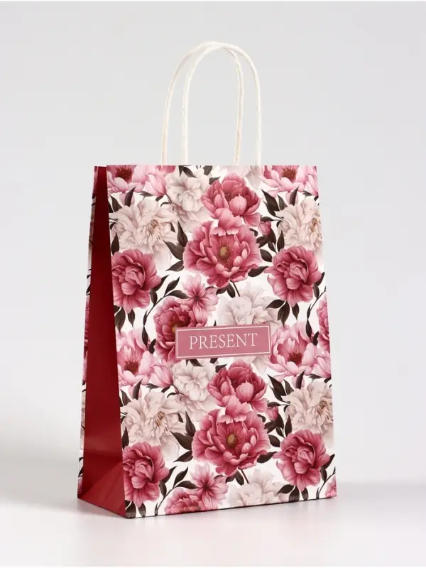 Пакет подарочный крафт &laquo;Цветы&raquo;, 18&times;8&times;25 см
