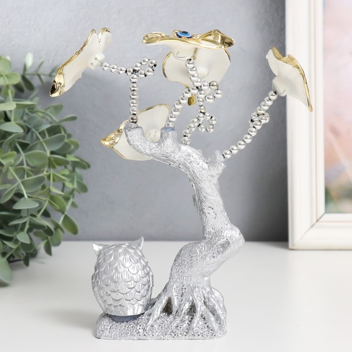 Сувенир от сглаза "Цветущее дерево, листья-сердце. Филин" серебро 15х5,7х20 см