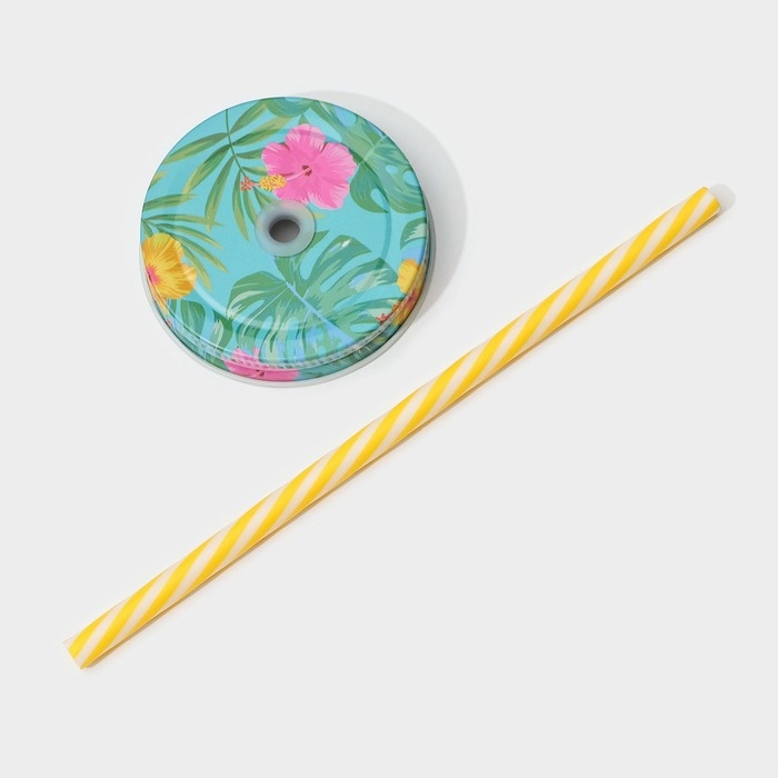 Кружка стеклянная с крышкой и трубочкой Доляна &laquo;Фламинго&raquo;, 450 мл, 10&times;7,5&times;13 см