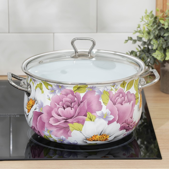 Кастрюля эмалированная &laquo;Пион&raquo;, 5.1 л, стеклянная крышка, индукция