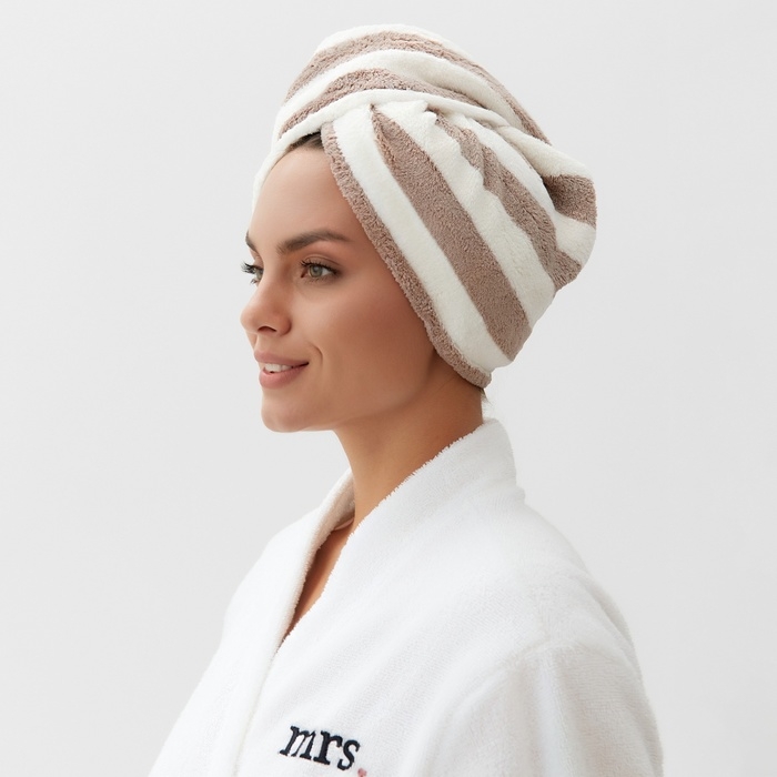 Чалма для сушки волос Этель &laquo;Полоски&raquo;, цв.бежевый, 65*25 см, 100% п/э