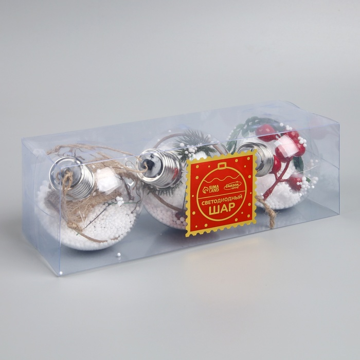 Набор ёлочных шаров &laquo;Зимний лес&raquo; 3 шт., батарейки, 1 LED, свечение тёплое белое