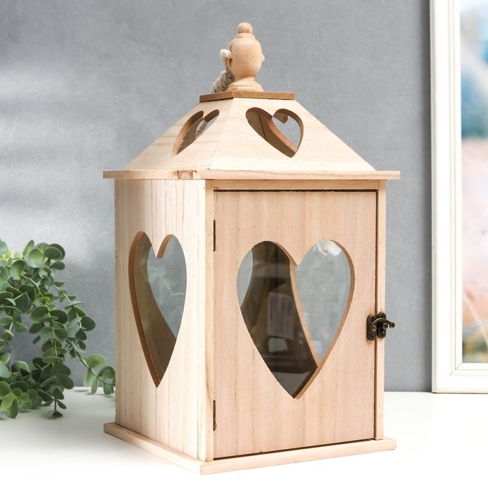 Подсвечник дерево "Фонарь домик с сердцами" набор 2 шт 28х14,5х14,5; 38х19,5х19,5 см