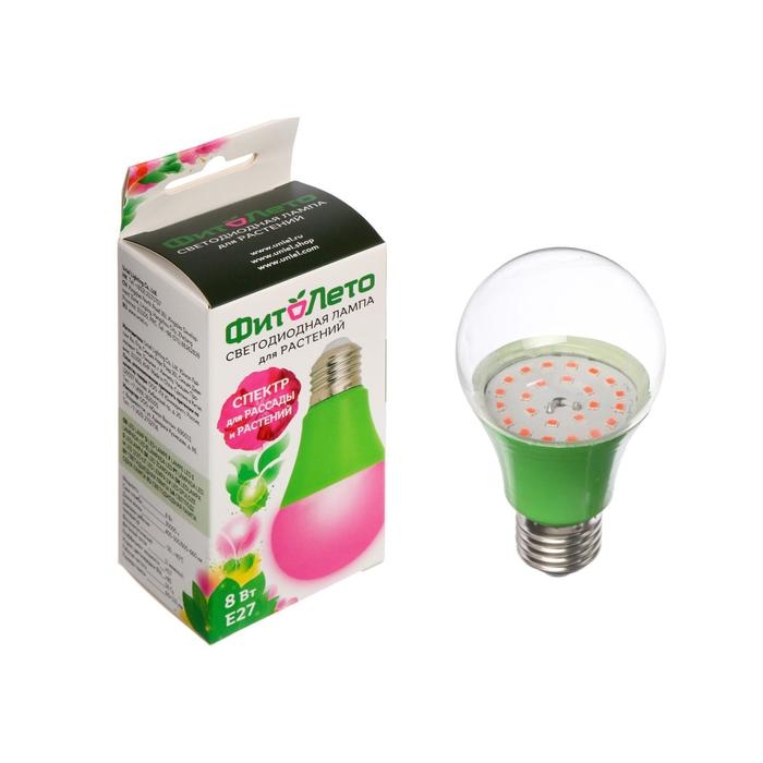 Фитолампа светодиодная Uniel, А60, Е27, 8 Вт, 250 В, 220&deg;, мультиспектральная