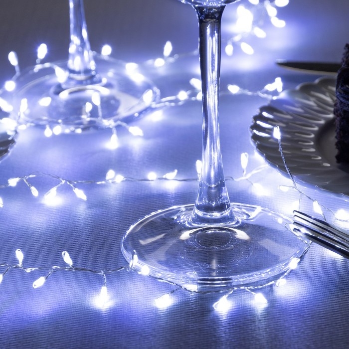 Гирлянда &laquo;Мишура&raquo; 1 м роса, IP20, серебристая нить, 100 LED, 2 режима, батарейки AAх3 (нет в комплекте), свечение белое