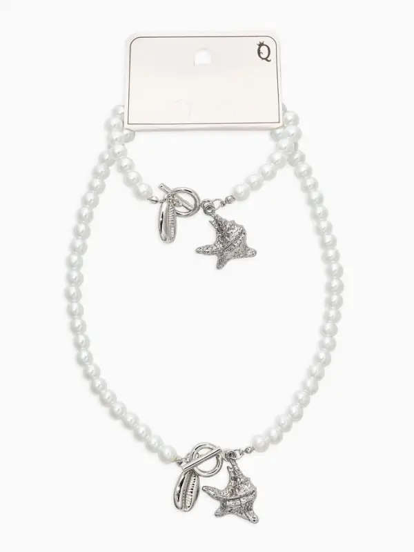 Набор 2 пред-та: бусы.браслет "Жемчуг", ракушка, цвет белый в серебре L=18/42см №8