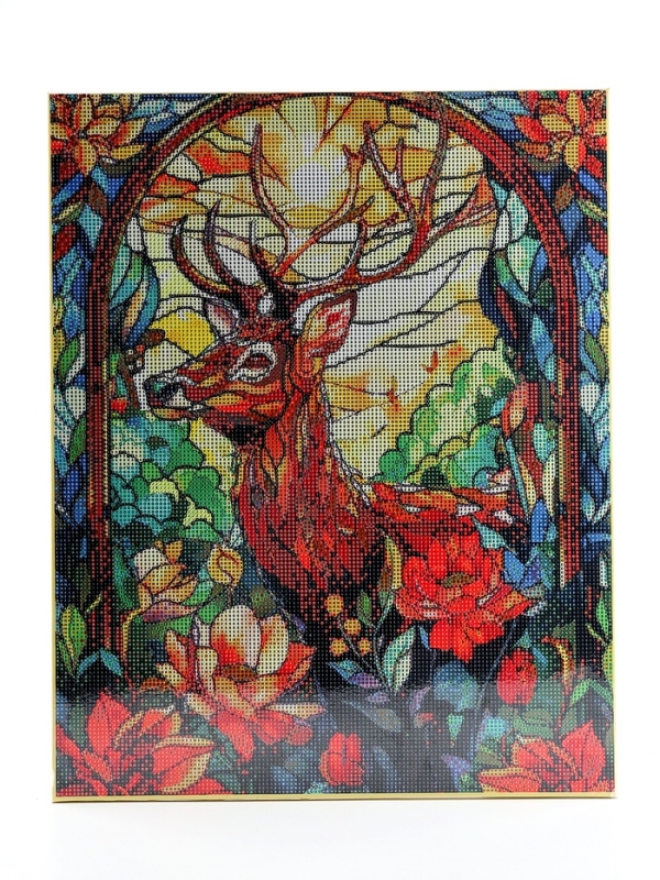 Алмазная мозаика с полным заполнением на холсте с подрамником &laquo;Витраж с оленем&raquo;, 40 х 50 см