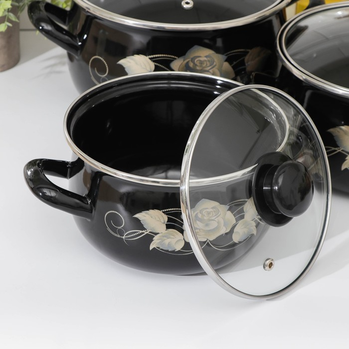 Набор кастрюль &laquo;Чёрное золото&raquo;, 3 предмета: 2,1 л, 3,1 л, 4 л, крышки, индукция, цвет чёрный