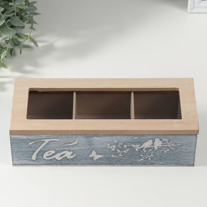 Шкатулка дерево 3 деления "Птицы на ветке" синяя 9,7х24х7 см