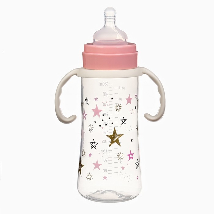 Бутылочка для кормления Ø50мм ШГ, «Звезды», 330мл, +3мес., цвет розовый, ручки молочные Бутылочка для кормления Ø50мм ШГ, «Звезды», 330мл, +3мес., цвет розовый, ручки молочные