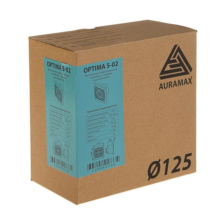 Вентилятор вытяжной AURAMAX OPTIMA 5-02, 175х175 мм, d=125 мм, 220‒240 В, с выключателем