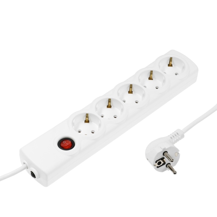 Сетевой фильтр Luazon Lighting, 5 розеток, 3 м, 3500 Вт, 3х1 мм2, 16 A, 220 В, c предохранителем, белый