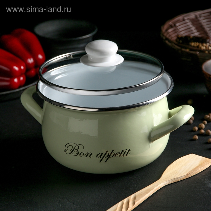 Кастрюля эмалированная &laquo;Лайм&raquo;, 2.1 л, стеклянная крышка, индукция, цвет светло-зелёный